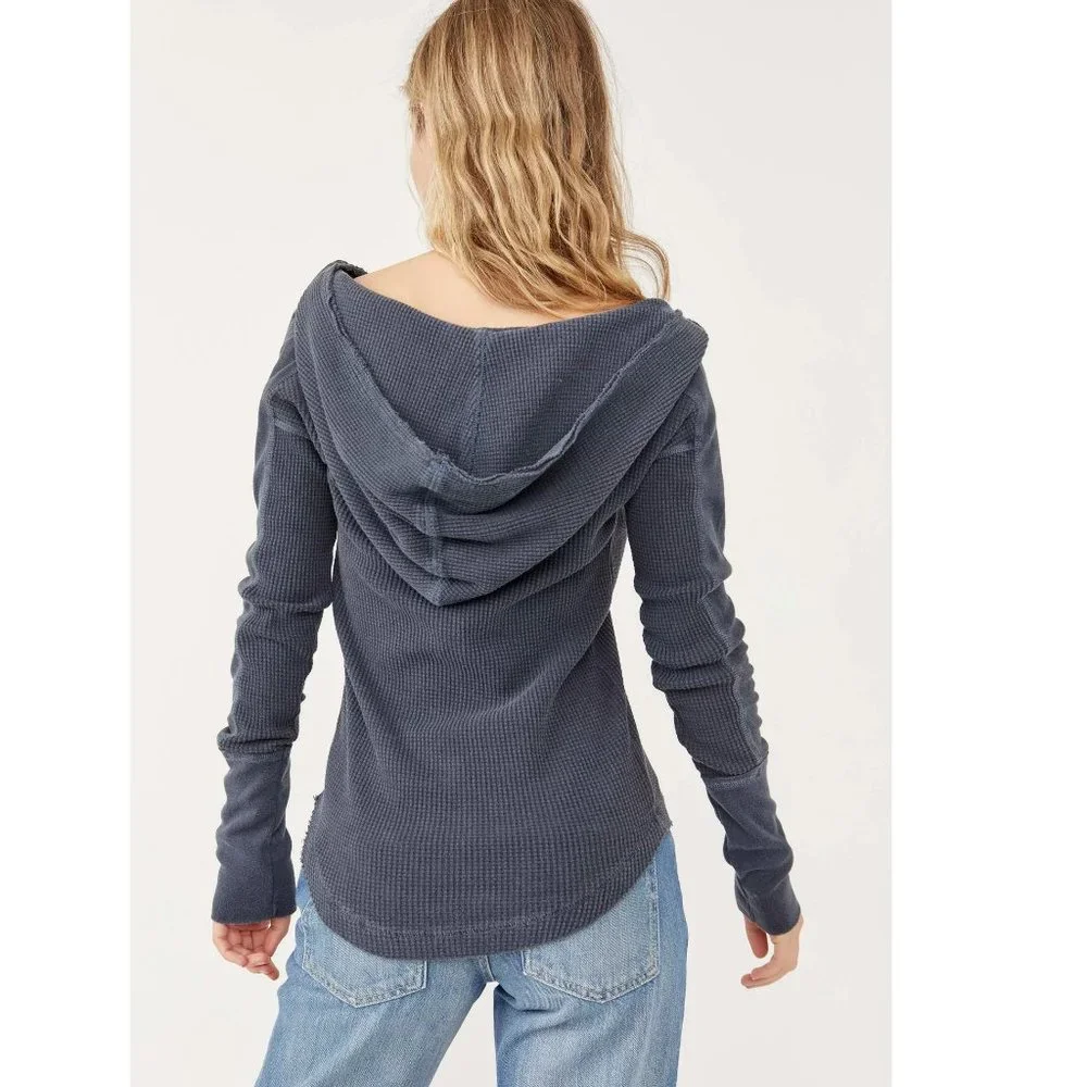 NWT Free People We The Free Margo Essential Waffle Hoodie Outerspace Navy XS - Picture 2 of 5